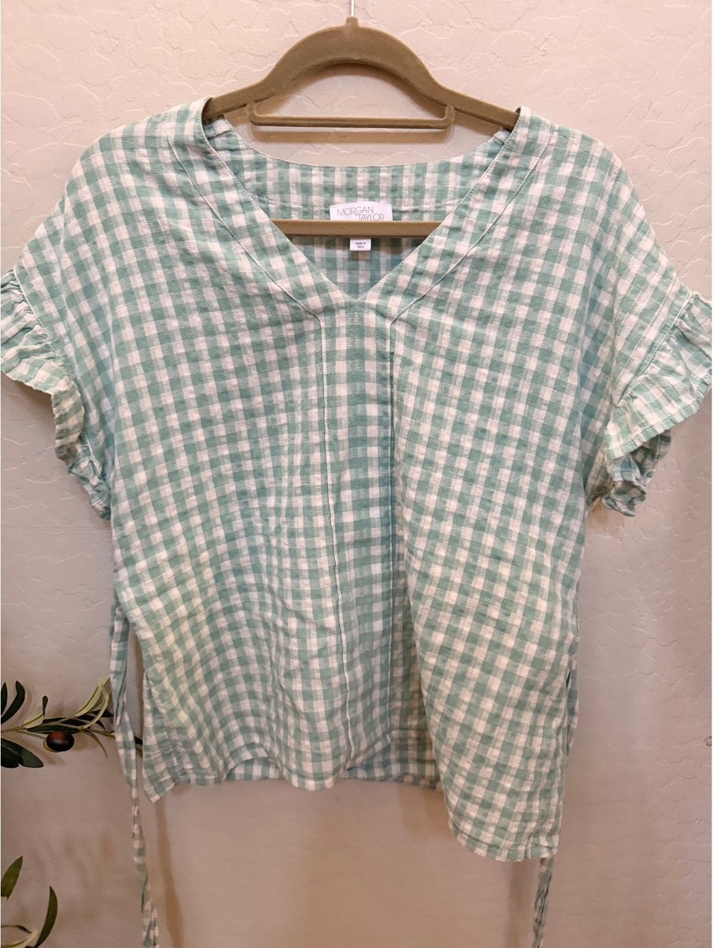 Morgan Taylor cotton gingham tie back blouse